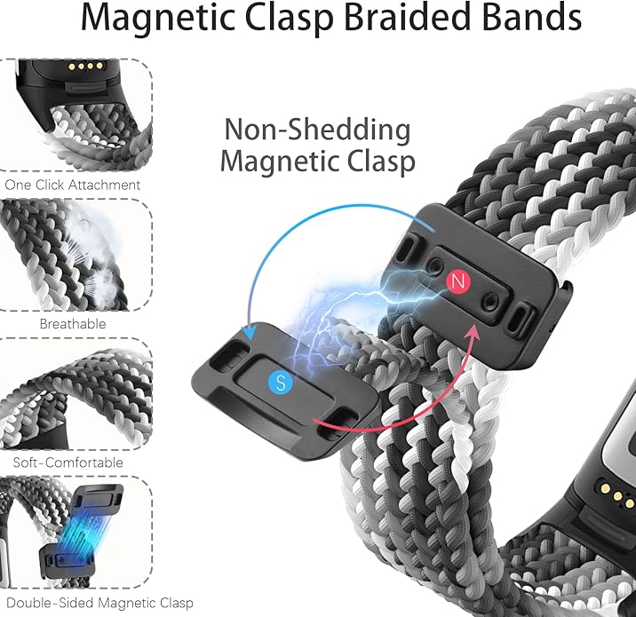 Magnetic Braided Nylon Compatible with Fitbit Charge 6 Bands/Fitbit Charge 5 Bands for Women Men, Soft Sport Stretchy Breathable Strap Replacement Wristband for Charge 6/Charge 5