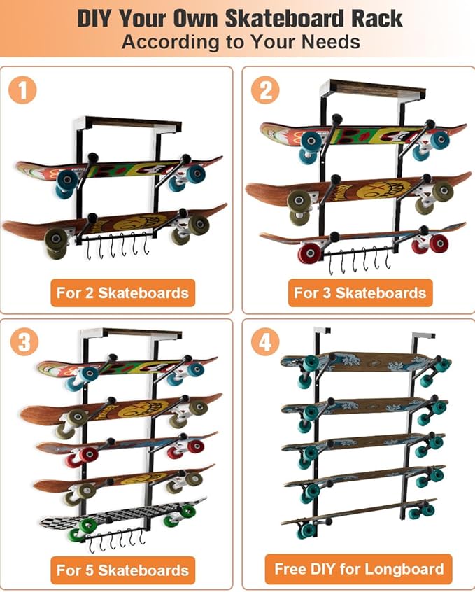 Koutemie Skateboard Rack Wall Mount with Five-Layer Skate Board Stand for Storage Longboard Deck Organizer, Skateboard Wall Display Hanger Holder with 6 Hooks for Home or Garage