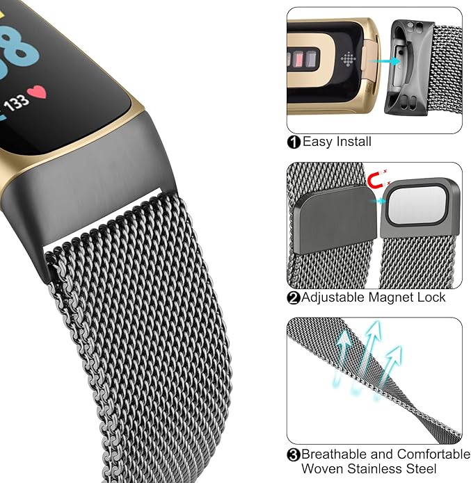 Meliya for Fitbit Charge 6 Bands Women Men, Stainless Steel Metal Mesh Loop Adjustable Magnetic Wristband Replacement Straps Compatible with Fitbit Charge 6 Fitness Tracker