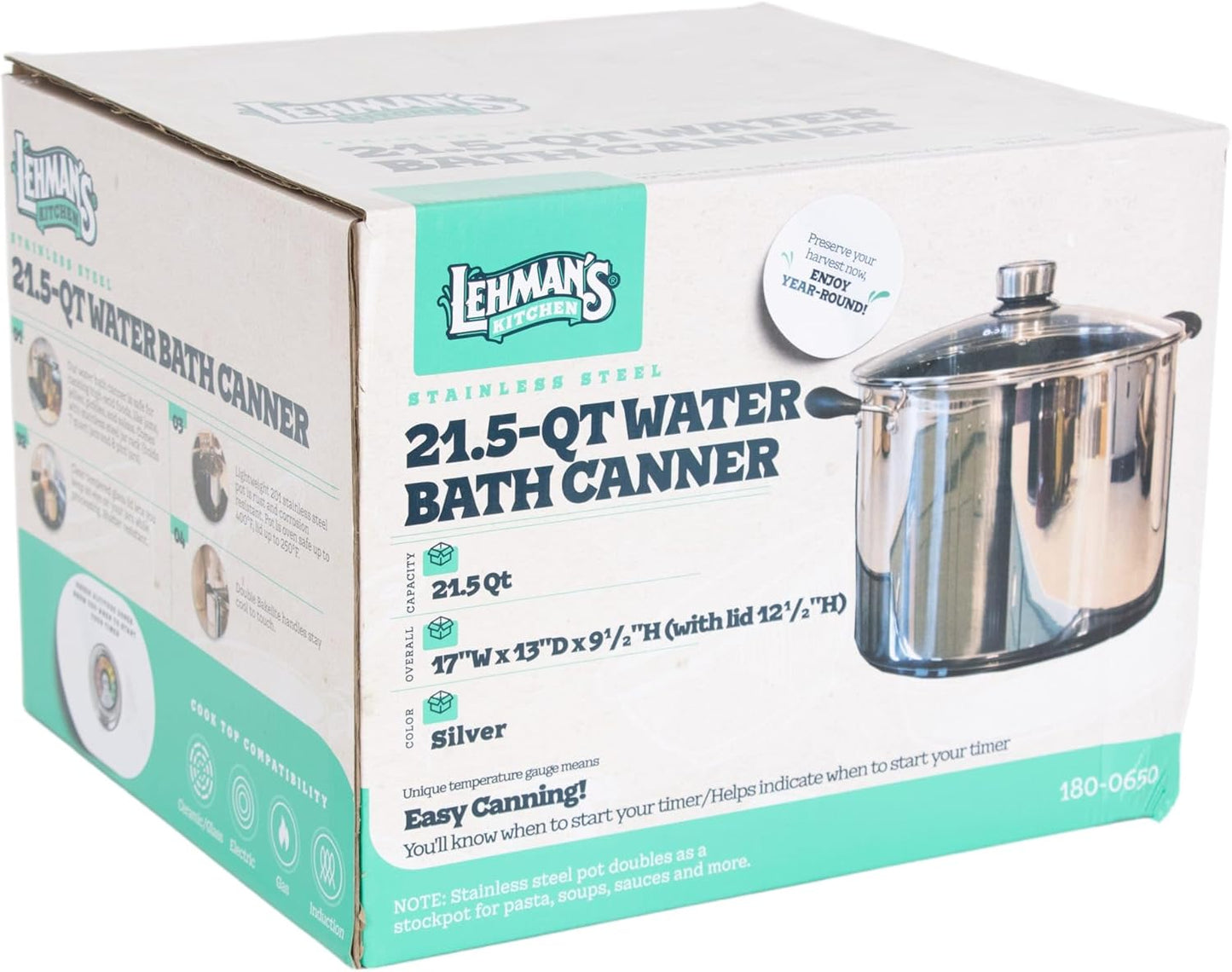 Lehman's 21.5-Quart Water Bath Canner with Pressure Gauge, Durable Stainless Steel Stockpot for Home Canning and Preserving, Silver