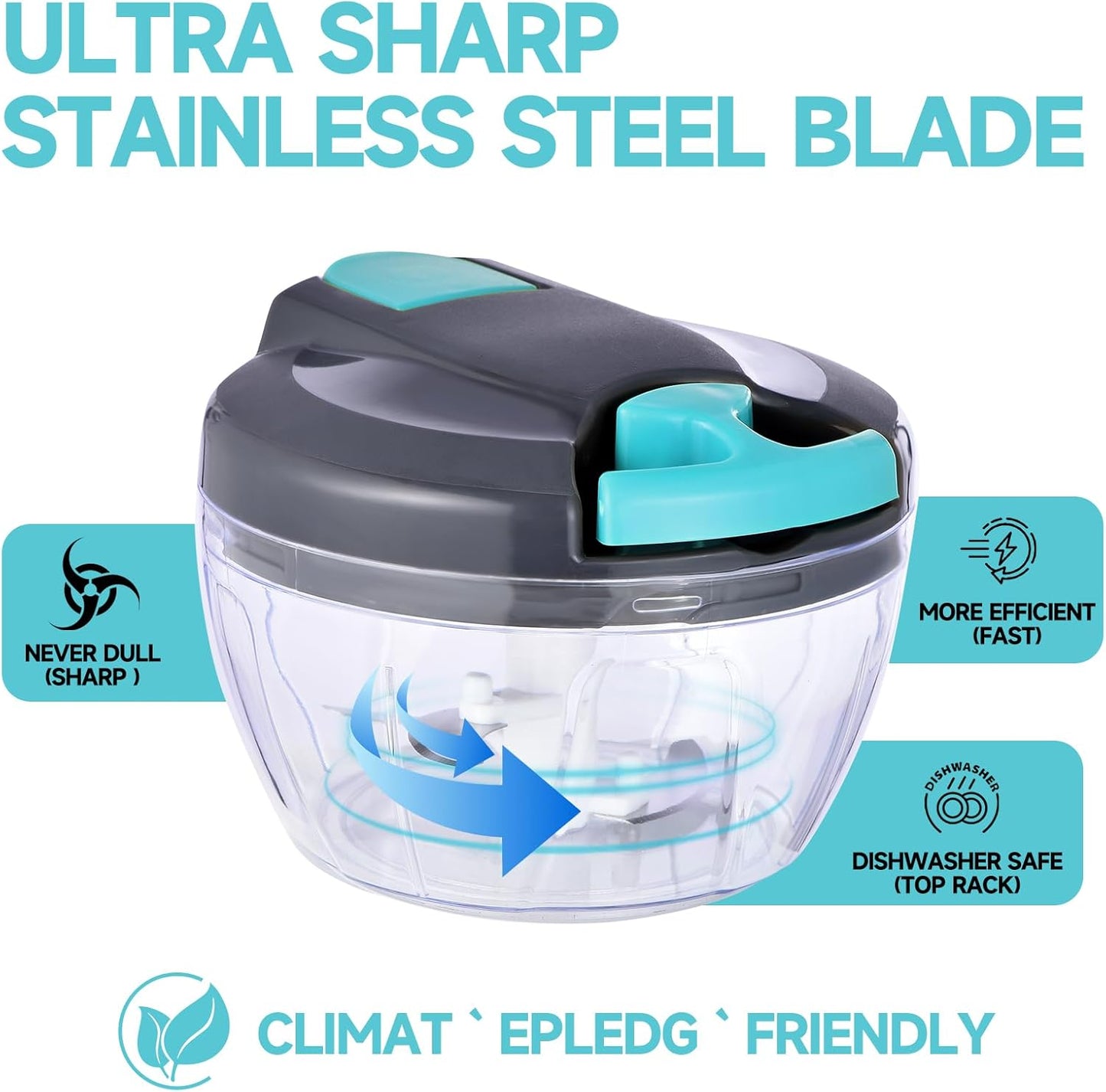 Manual Food Processor Vegetable Chopper, Portable Hand Pull String Garlic Mincer Onion Cutter for Veggies, Ginger, Fruits, Nuts, Herbs, etc., 500ml,(Gray-blue)