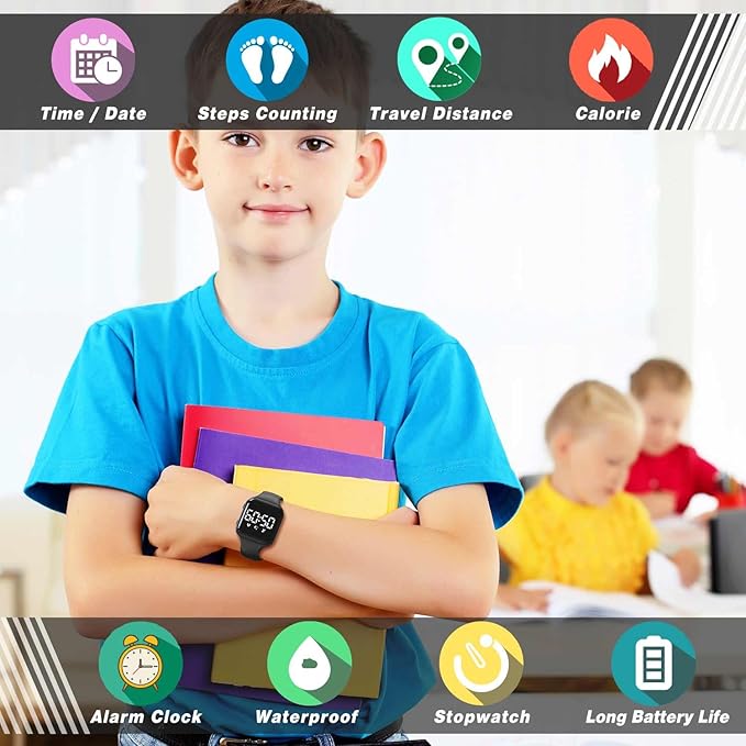 Kids Fitness Tracker,Digital Pedometer Watch,Sport Watch, Steps Counter, Waterproof, Alarm Clock for Boys Grils Kids Children (Black)
