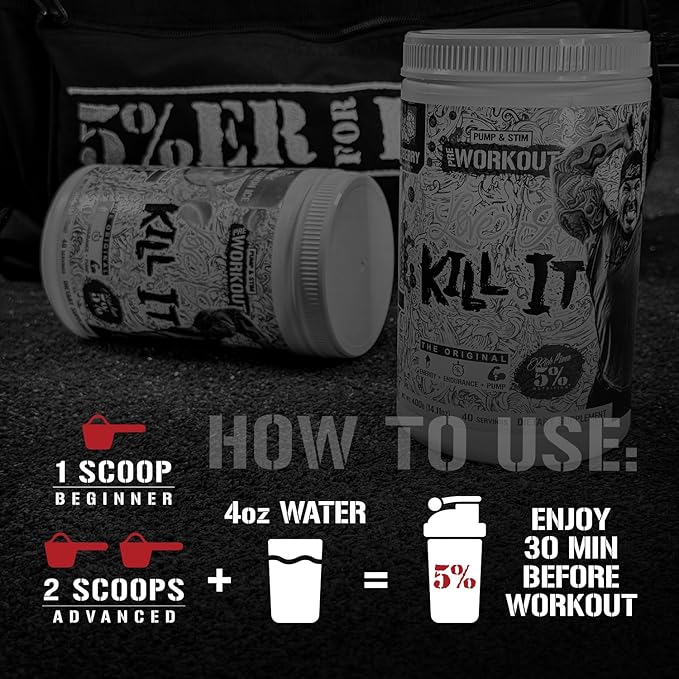 5% Nutrition Rich Piana Kill It Pre Workout Powder w/Creatine, Caffeine, Beta Alanine, Hydroprime Glycerol for Pump, Strength, Endurance | 14.11 oz, 40 Srvgs (Mango Pineapple)