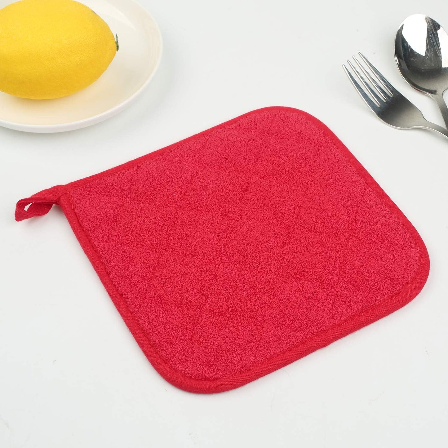 100% Cotton Kitchen Everyday Basic Terry Pot Holder Heat Resistant Coaster Potholder for Cooking and Baking Set of 5 Red