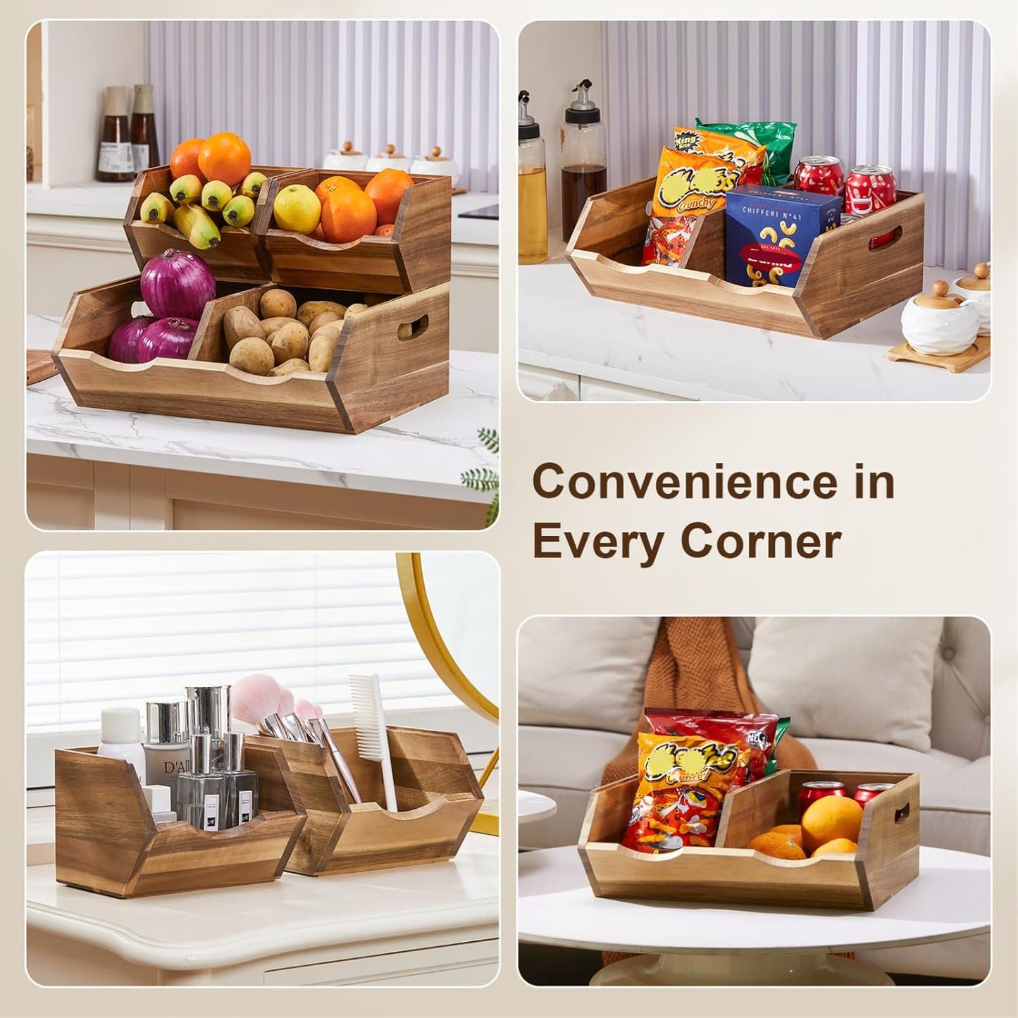 Acacia Wood Pantry Storage Bins, Stackable Storage Baskets Potato and Onion Storage Bins, Pantry Organizer Wooden Baskets Organization and Storage, Set 3 Pieces