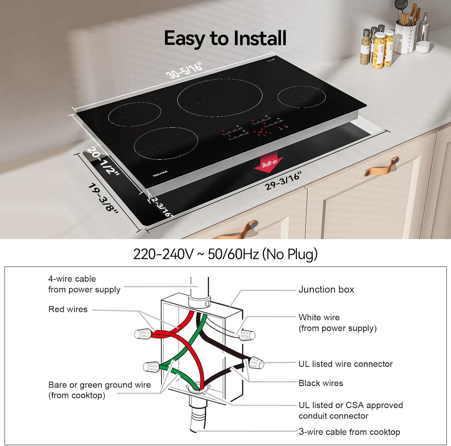 30 Inch Induction Cooktop 7400W, TECASA Built-in Induction Stovetop with 4 Boost Burner, Timer & Child Safety Lock, 9 Heating Level, Sensor Touch Control, 240V, Drop-in Electric Stove Top