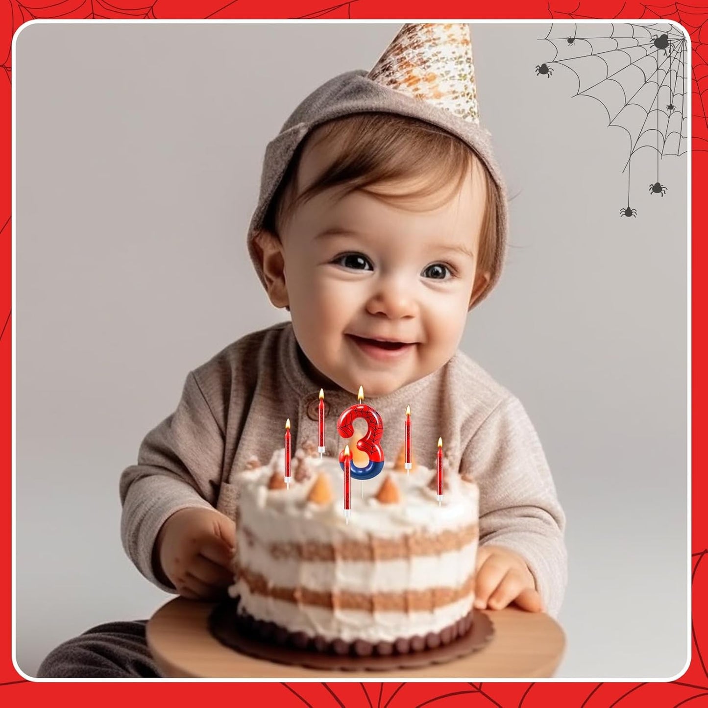 13 Pcs Spider Themed Birthday Candle Set Red Spider Theme Number 3 Candle Cake Topper for Boys Girls Birthday Decoration Spider Party Decoration Supplies (Number 3)