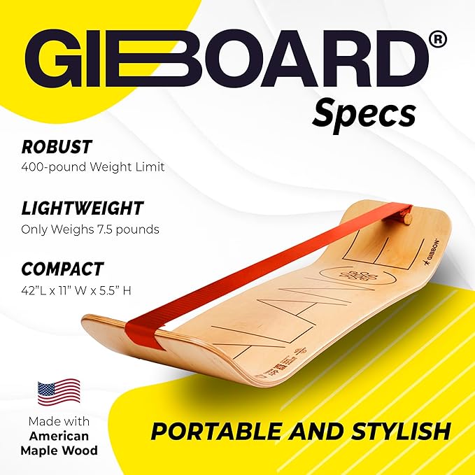GIBBON GiBoard Balance Board for Adults & Kids - Slackline Workout Equipment Home Gym Training - Wooden Wobble Board Balance Trainer - Standing Desk Exercise - Yoga, Agility, Pilates, Core, Snowboard