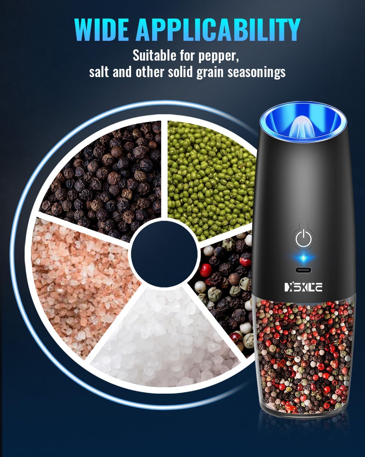 XinXu Rechargeable Pepper and Salt Grinder Set, No Battery Needed, whit Gravity Sensing Switch and LED Light, One Hand Automatic Operation -2 Pack/Black