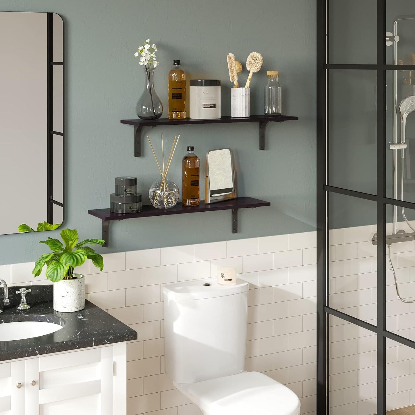 DINZI LVJ Long Wall Shelves, 31.5 Inch Wall Mounted Shelves Set of 2, Easy-to-Install, Floating Storage Ledges with Sturdy Metal Brackets for Living Room, Bathroom, Bedroom, Kitchen, Espresso