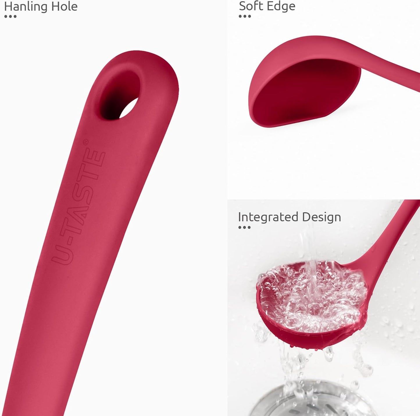 2.6oz Small Silicone Soup Ladle: U-Taste 600ºF Heat Resistant Non-Stick Kitchen Deep Serving Spoon, Soft Cooking Utensil with Non-Slip Solid Handle for Mixing Sauce Stew Gravy (11in, Red)