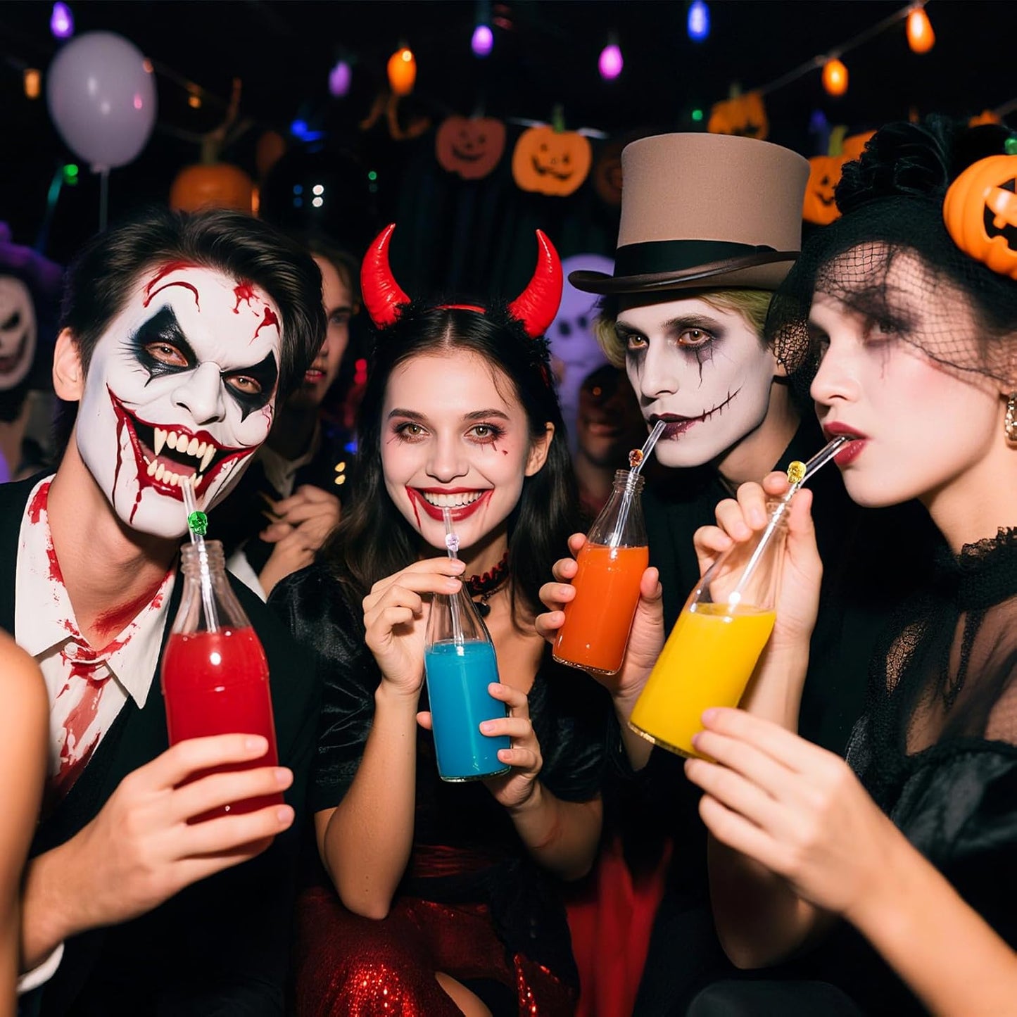 Reusable Halloween Straws with Charms - Skull Design, 9 Inch 8mm Skinny Bent Glass Straws for 16 oz Glass Cups - Cute Clear Drinking Straws for Iced Coffee, Cocktail & Milk Drinks