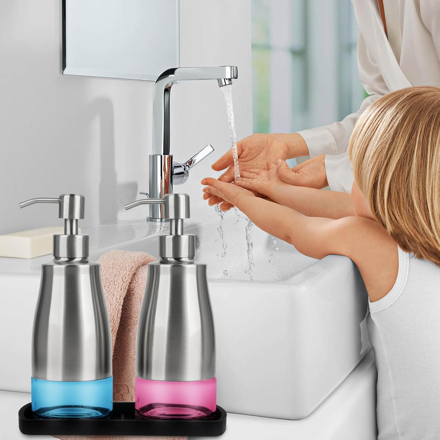 Kitchen Soap Dispenser Set with Silicone Tray and Stickers - Brushed Nickel, Stainless Steel Glass Soap Dispenser Bathroom, Refillable Hand Dish Soap Dispenser for Kitchen Sink