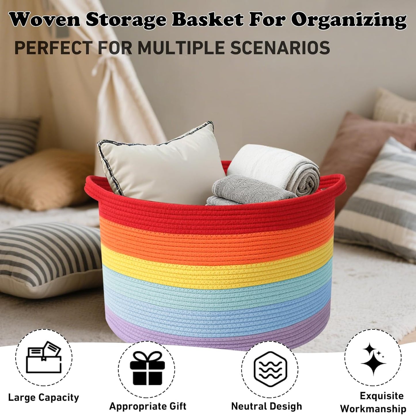 Large Blanket Basket for Organizing,65L Closet Organizers and Storage Bins Box for Shelves Woven Rope Storage Baskets,Living Room,Bedroom,Dorm,Laundry room (Rainbow)