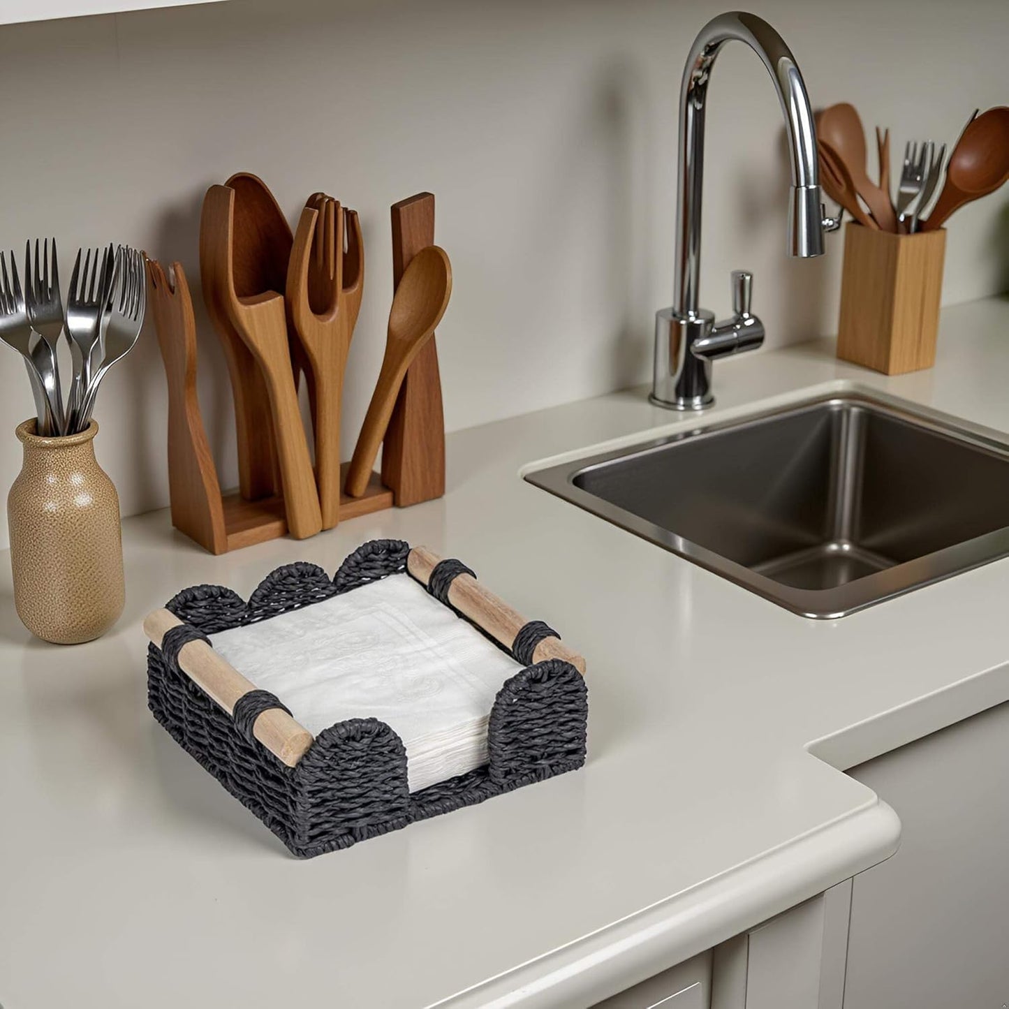 CubesLand Scalloped Napkin Holder for Table, Farmhouse Warming Home Kitchen Decor, Paper Rope Flat Napkin Dispenser Guest Towel Tray for Bathroom, Disposable Napkin Basket for Dining Table, Black