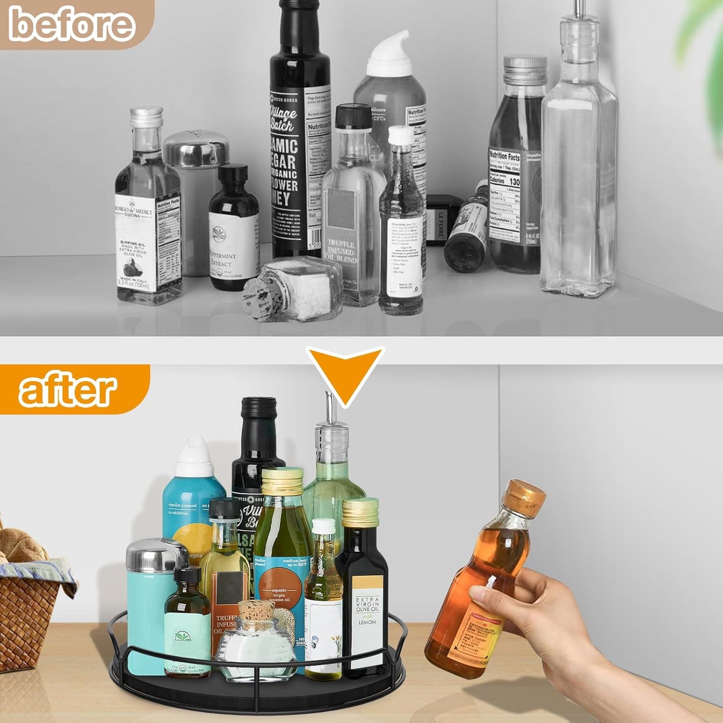 Lazy Susan Turntable Organizer with Anti-Slip Mat for Cabinet Pantry Kitchen Countertop Refrigerator Office, Pine Wood, 13", Black