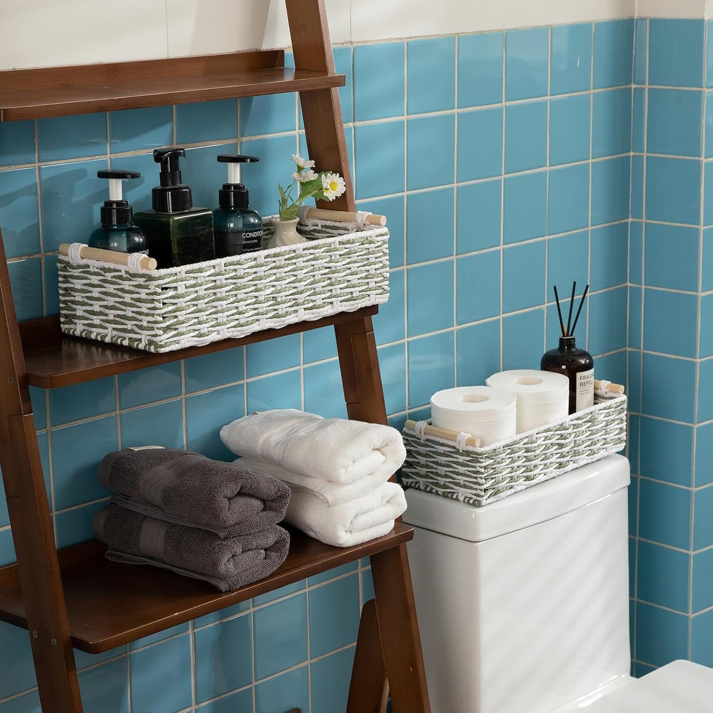 OIAHOMY Toilet Paper Baskets Handmade Paper Rope Decorative Wicker Storage Tank Shelf Cabinet Organizer for Bathroom Home, Set of 2, Green & White