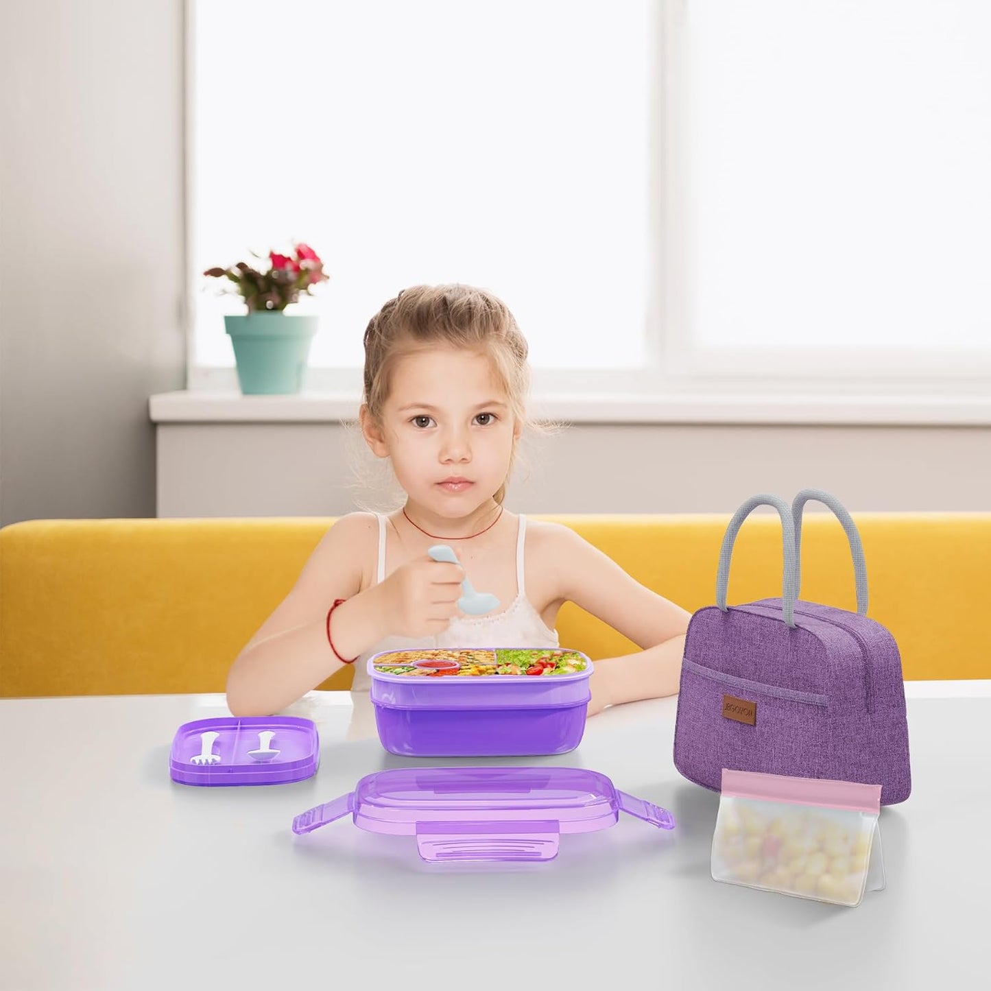 JBGOYON® Bento Lunch Box with Bag - All-in-One Stackable Lunch Containers with 3 Layers for Adults & Kids, 1900 ML Modern Bento-Style Design, Built-in Utensil Set, Lunch Bag (Purple)