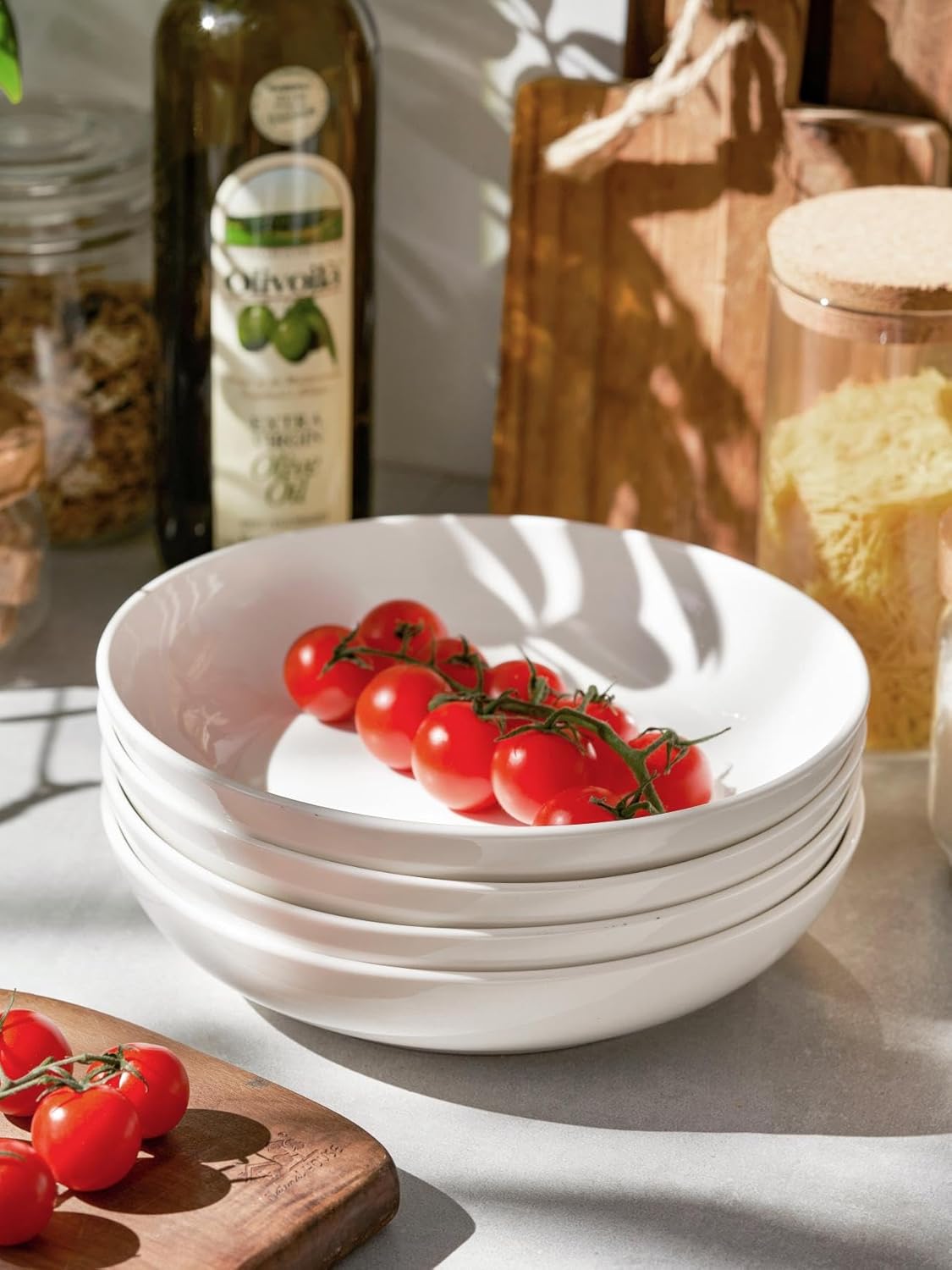 DOWAN 8.5" Pasta Bowls Set of 4, 30oz White Ceramic Shallow Dinner Bowls for Salad, Soup & Pasta, Stackable and Easy to Clean, Ideal for Everyday Use & Housewarming Gift