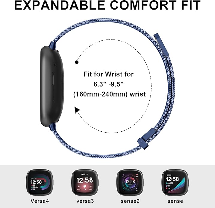 Meliya Metal Band for Fitbit Sense 2 / Sense Bands, Fitbit Versa 4 / Versa 3 Bands Women Men, Stainless Steel Mesh Magnetic Replacement Bracelet Strap for Fitbit Sense 2 / Versa 4 Smartwatch