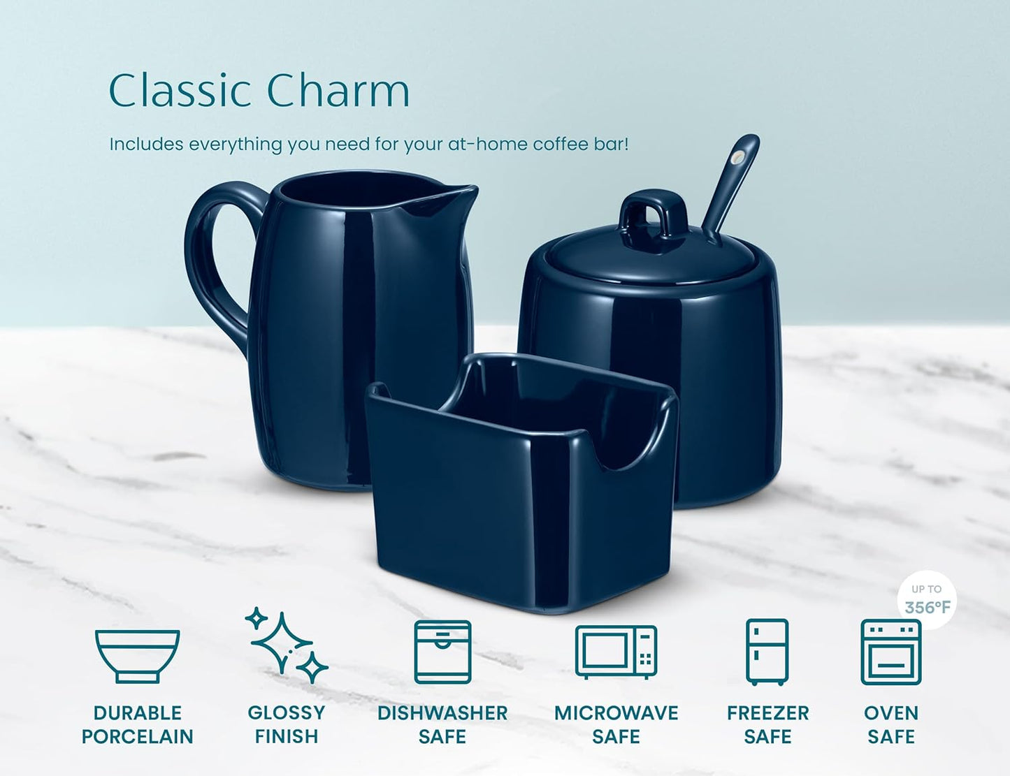 Kook Sugar and Creamer Set, 3 Piece, Pitcher, Sugar Bowl with Lid and Spoon, Sweetener Holder (Navy)