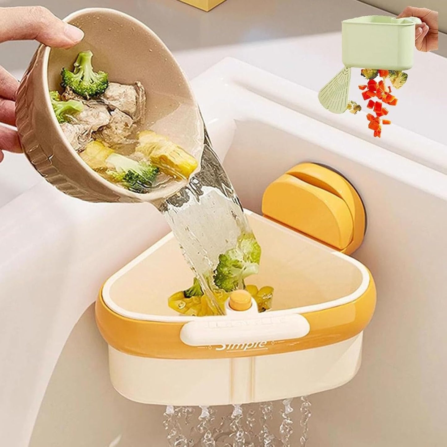 Suction Cup Sink Corner Rack, Curetoaway Corner Sink Strainer, Sink Trash Catcher, Plastic Triangular Baskets Corner Hanging, Rust Resistant, for Kitchen Food Waste (1Pcs Yellow)
