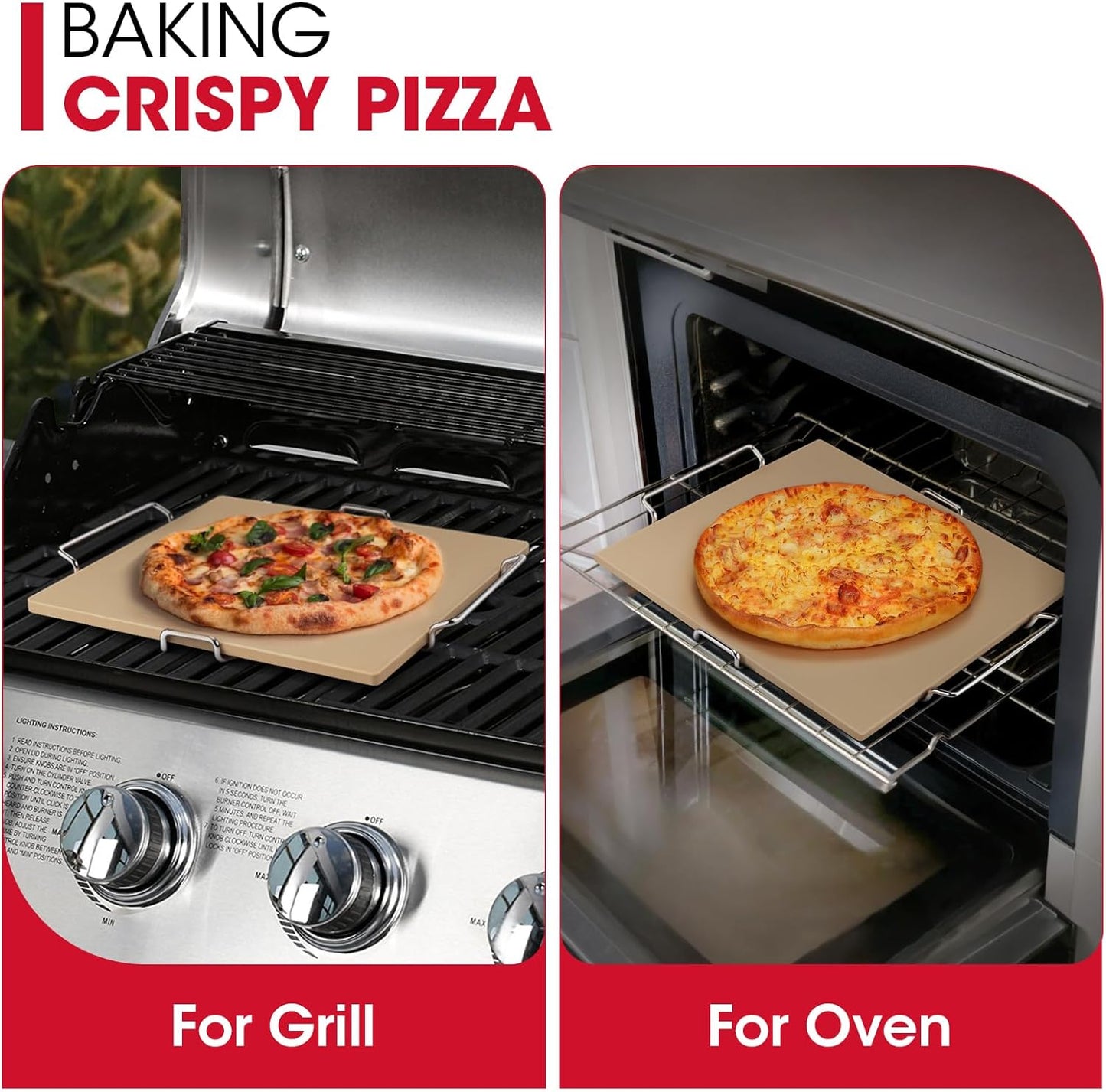 Unicook 12 Inch Square Pizza Stone for Oven and Grill, Oven Baking Stone for Bread, Cordierite Pizza Pan for Baking Crispy Bread, Pie and Cookies, Includes Carry Rack and Dough Scraper