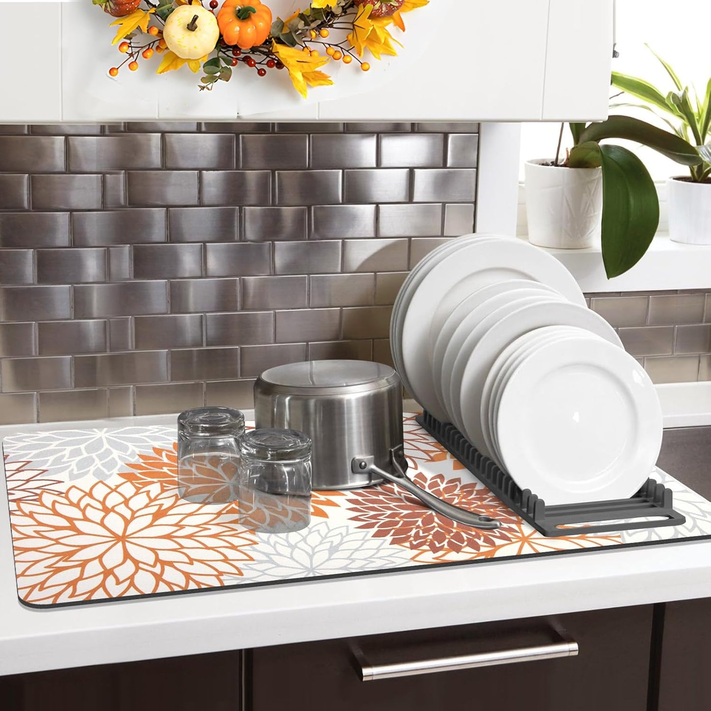 Findosom 2PCS 17" x 32" Dish Drying Mat & 24" x 5.5" Sink Splash Guard, Super Absorbent & Cuttable Dish Mat Drying Kitchen Mat with Orange Floral, Hide Stain Drying Mat for Kitchen Counter