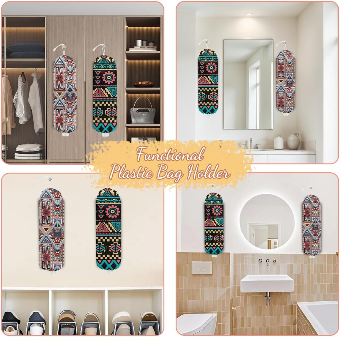 2 Pcs Retro Boho Plastic Bag Holder, Wall Mount Grocery Bag Holder for Plastic Storage bag, Abstract Art Farmhouse Kitchen Decor Reusable Grocery Bags Organizer Storage Dispenser, Gifts for Women