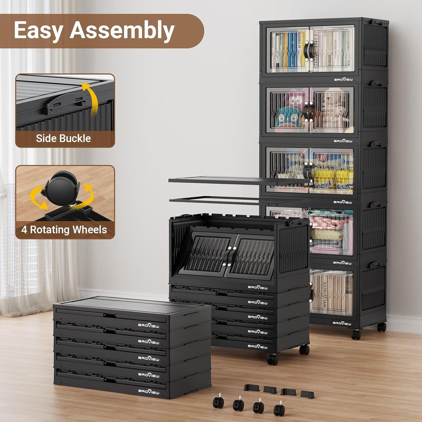 300Qt Stackable Storage Bins with Lid, Extra Large Closet Organizer Collapsible Drawer Boxes with Wheels, Folding Plastic Cabinet Containers for Home Kitchen Room Organization, 5Pack Black