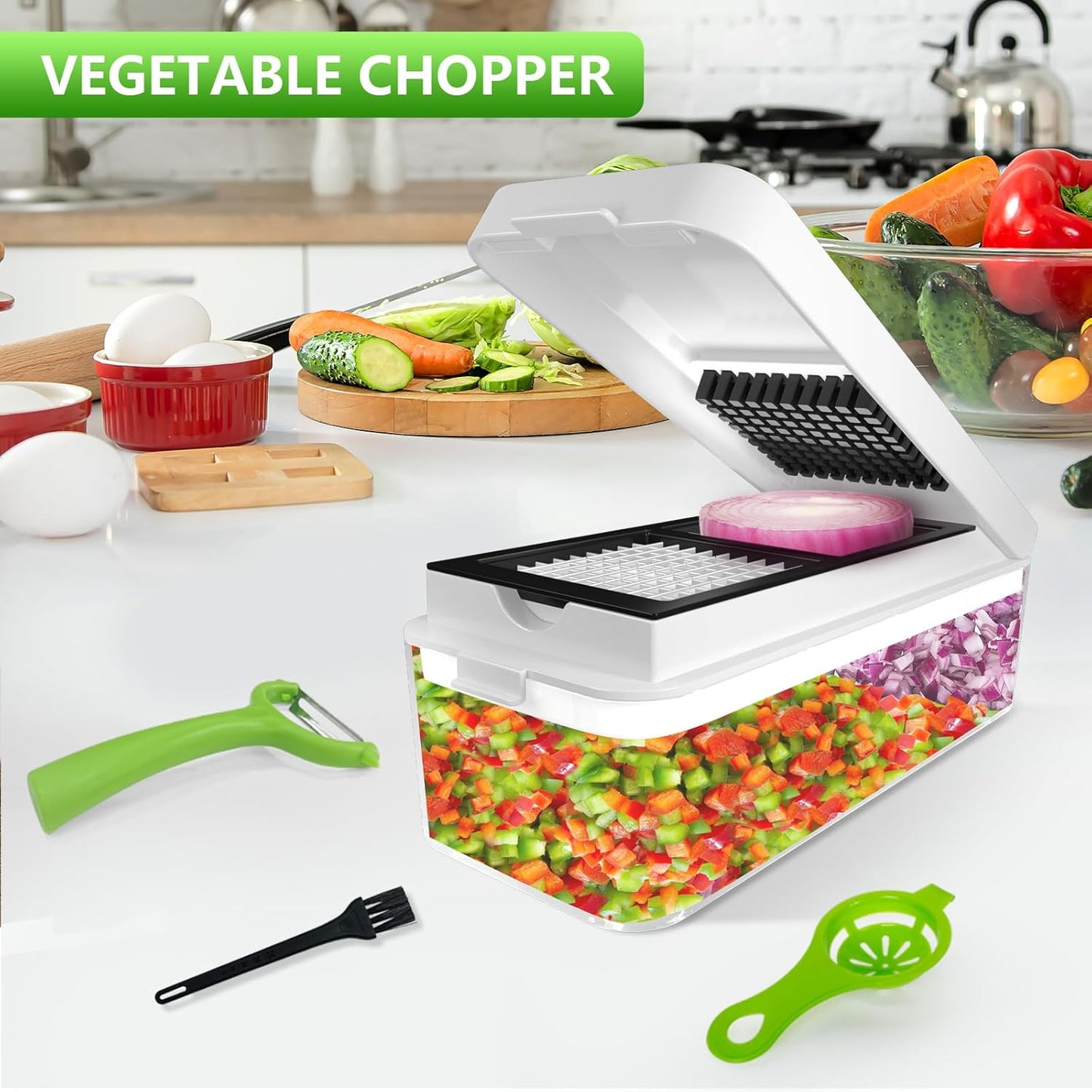 Vegetable Chopper, Onion Chopper Dicer, Mandoline Slicer, Food Chopper with Container, Vegetable Cutter for Salad Potato Carrot Garlic(9 Blades, White Black)