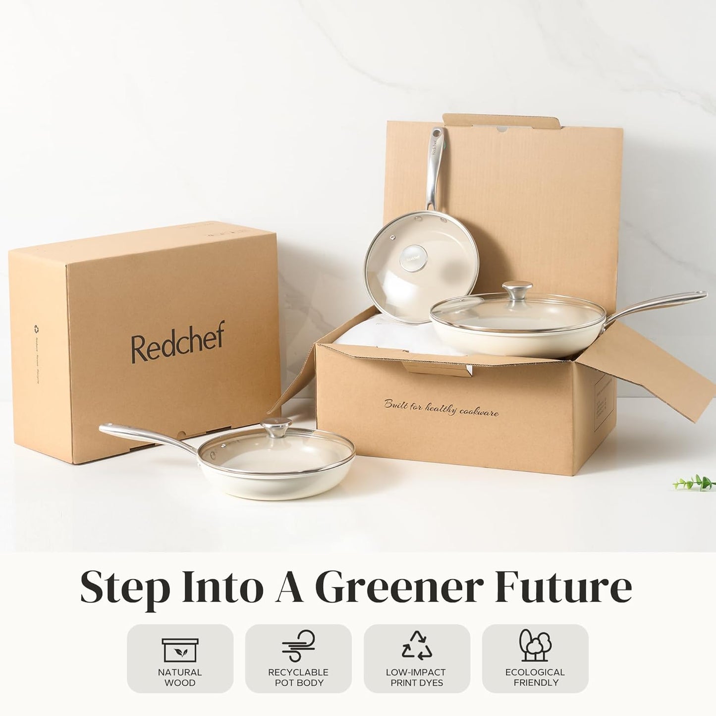 Redchef Nonstick Cookware Sets, Frying Pan Set with Tempered Glass Lids, Ceramic Cookware Set, Stay-Cool Handles, Dishwasher & Oven Safe, Compatible with All Cooktops, Beige (8+9.5+11 Inch)