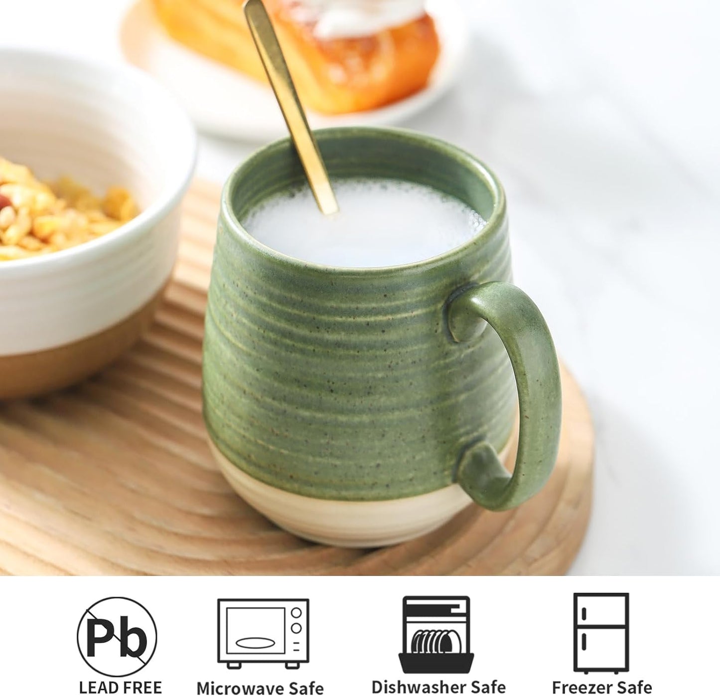 Hasense Large Coffee Mugs, Ceramic Tea Cups with Comfortable Handle Set of 2, Perfect for Milk, Latte, Hot Cocoa, Dishwasher and Microwave Safe, Green