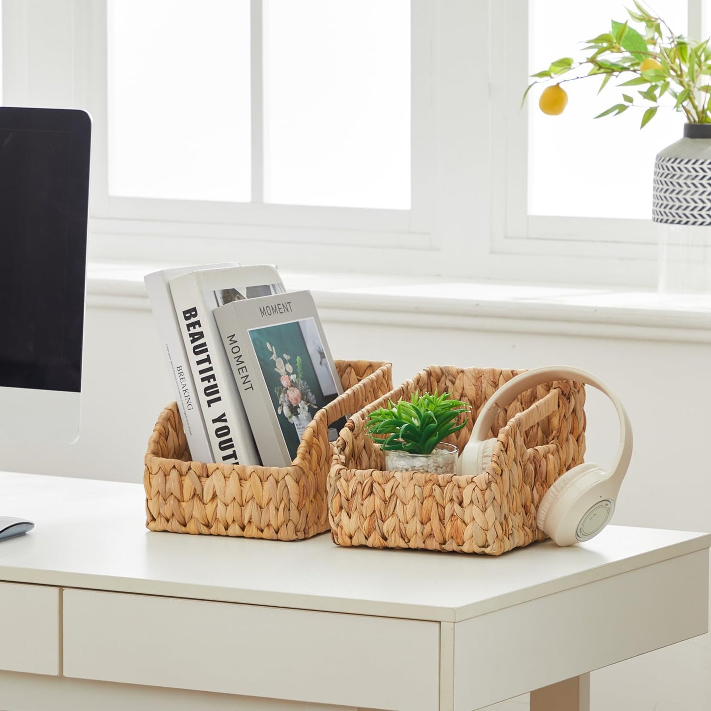 Wicker Baskets for Organizing, Pantry Baskets with Handles, Handwoven Wicker Storage Basket, Water Hyacinth Storage Bins for Shelves, Boho Decoration, 3 Pack,Natural