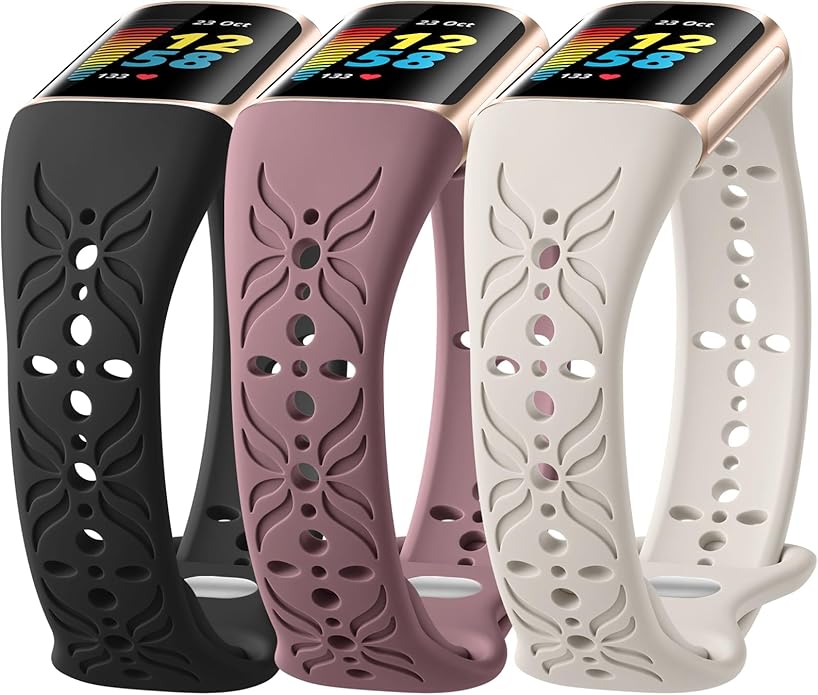 Maledan Slim Engraved Band Compatible for Fitbit Charge 6/Charge 5 Bands Women Men, Elegant Hollow-out Pattern Bracelet Strap Loops Wristbands for Fitbit Charge 5/Charge 6 Fitness Tracker Accessories