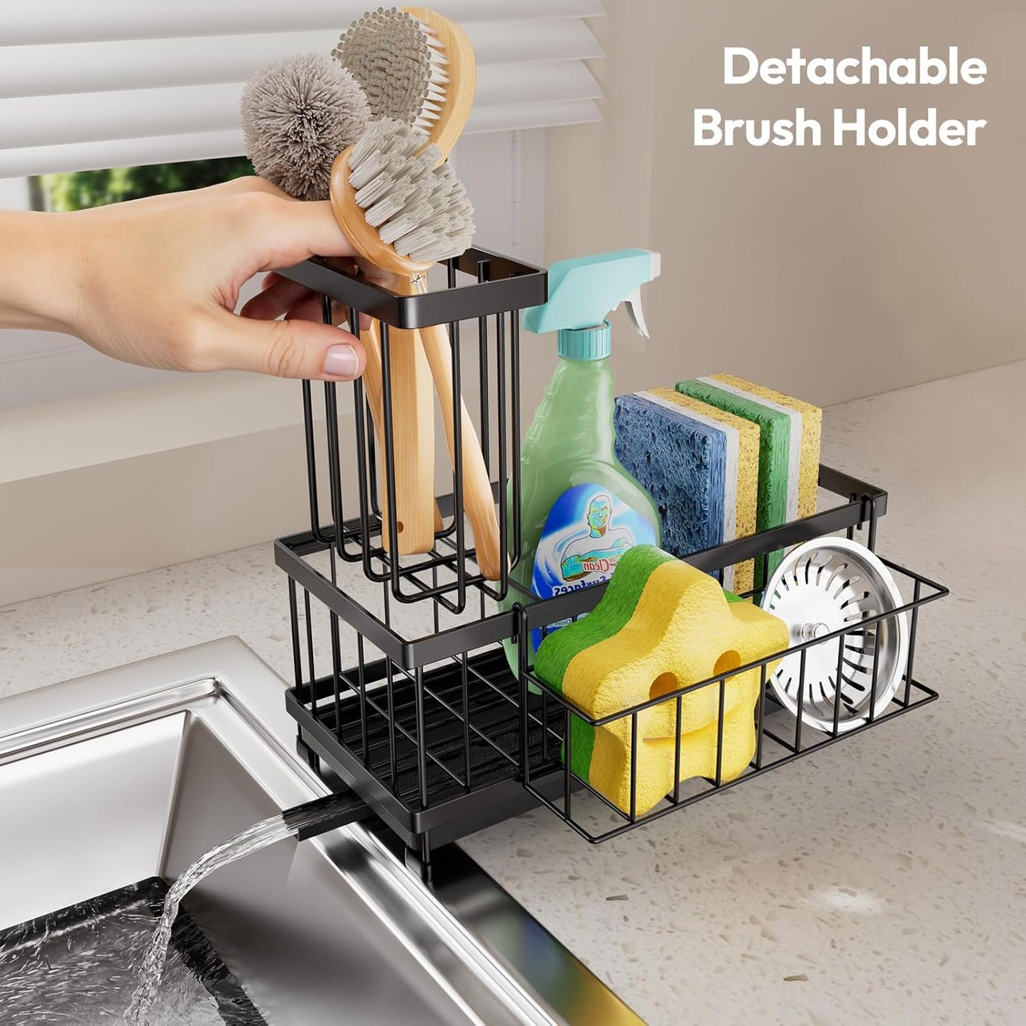 SWTYMIKI Sink Caddy Sponge Holder - Large Sponge Holder for Kitchen Sink with 360°Auto-Drain Tray, Rustproof Stainless Steel Kitchen Organizer Caddy for Countertop Organization