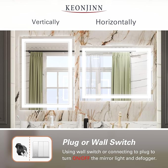 Keonjinn 24x32 Inch LED Bathroom Mirror Front Lighted 6000K, IP54 IP54 (Horizontal/Vertical)