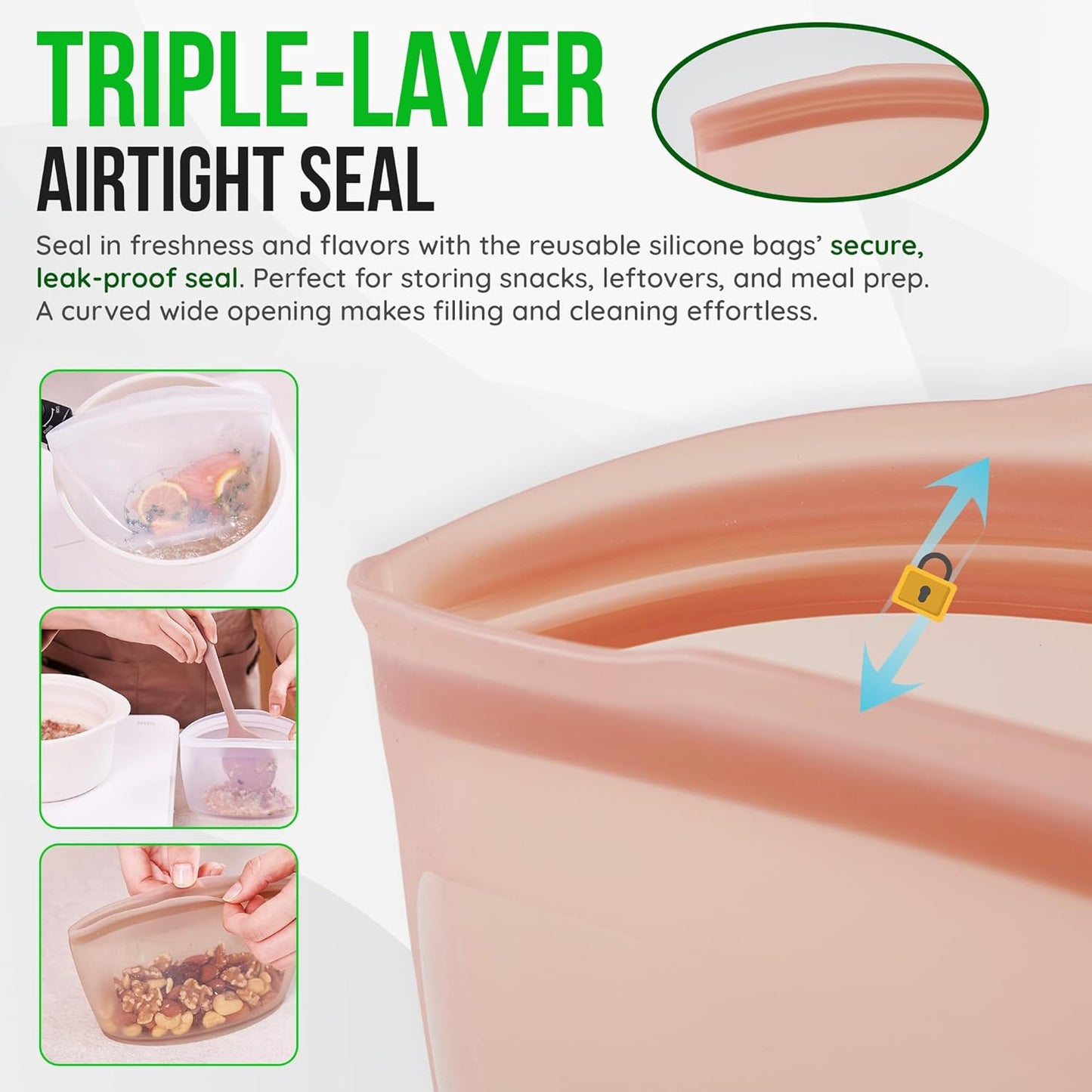 Reusable Silicone Food Storage Bags 3.6Cup (29oz), Airtight food Storage Containers Food Grade Silicone Snack Bags, BPA Free Food Storage Container, Microwave Safe, Sous Vide Container, Taupe Brown