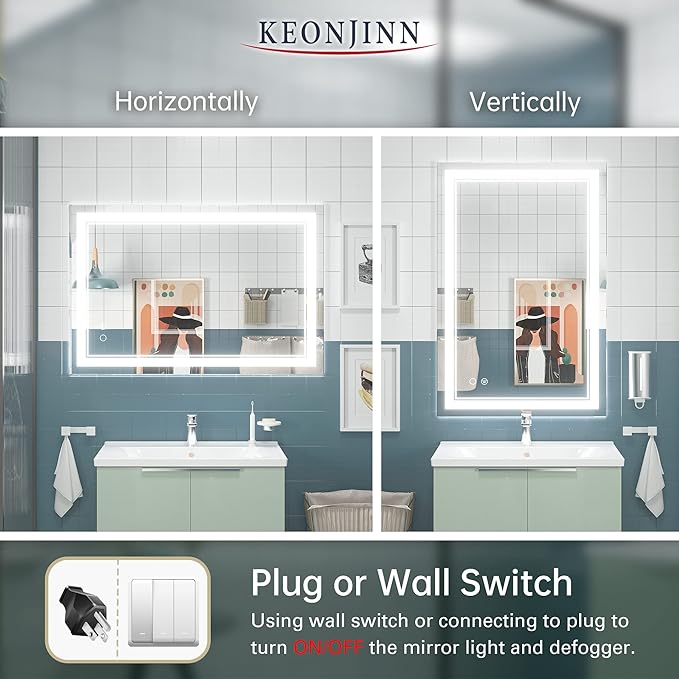 Keonjinn LED Mirror for Bathroom 36 x 24 Inch, IP54 Waterproof, 3 Year