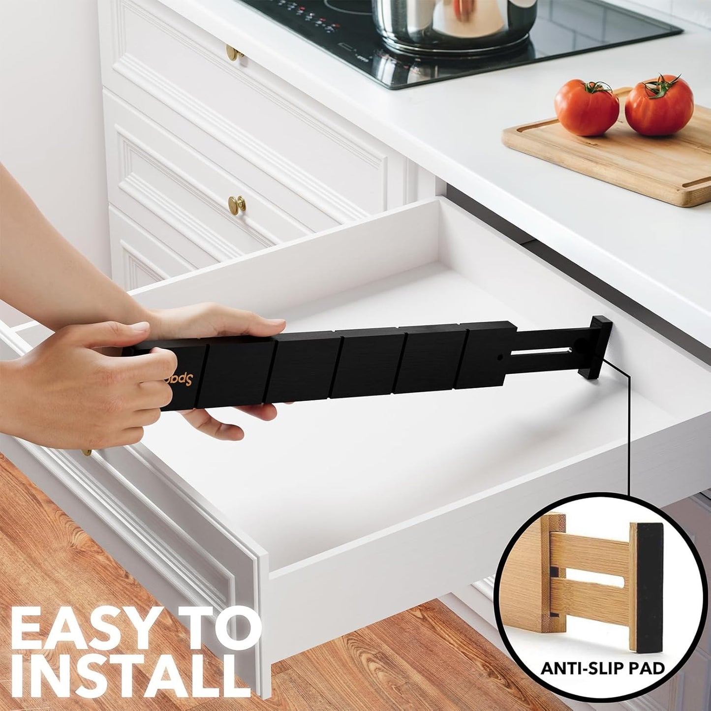 SpaceAid Bamboo Drawer Dividers with Inserts and Labels, Kitchen Adjustable Drawer Organizers, Expandable Organization for Home, Office, Dressers, 7 Dividers with 15 Inserts (17"-22" Black)