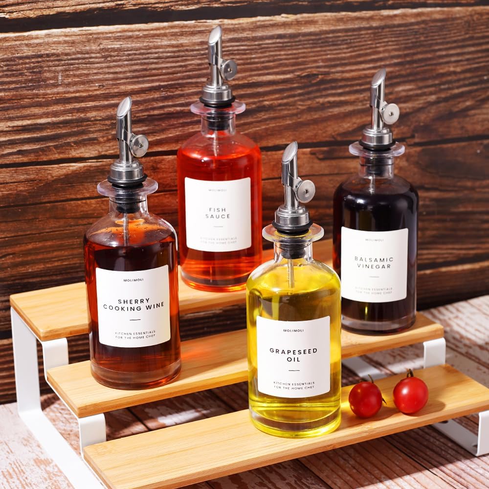 Molimoli Olive Oil Dispenser Bottle for Kitchen, Oil Dispenser w. Weighted Pourer, Glass Bottle Dispenser for Kitchen, Olive Oil Cruet, Glass Olive Oil Bottle | 350ml, Set of 4