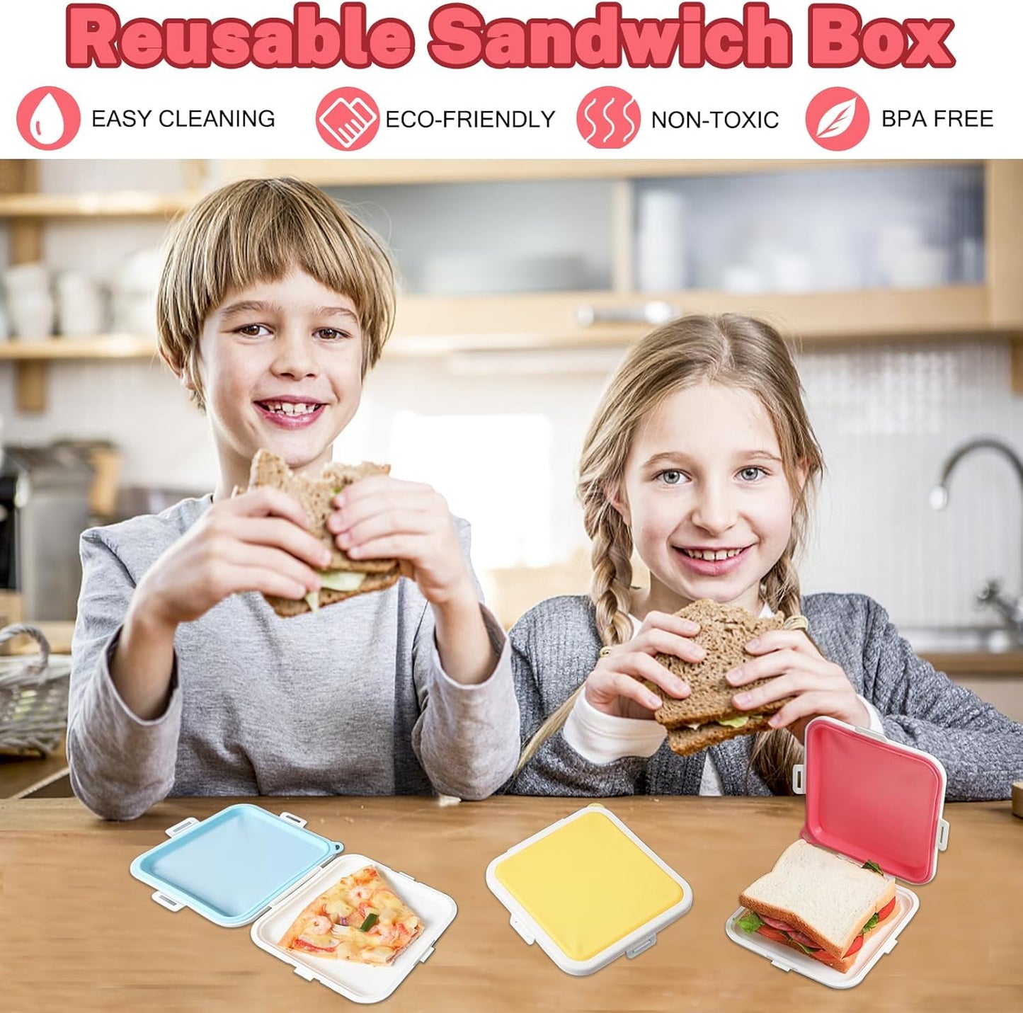 3 Pack Sandwich Containers,3 Color Silicone Sandwich Storage with Snap-Off,Sandwich Box for Lunch,BPA Free,Leakproof, Reusable Plastic Sandwich Holder for Fruit,Salad,Snacks and Food Storage