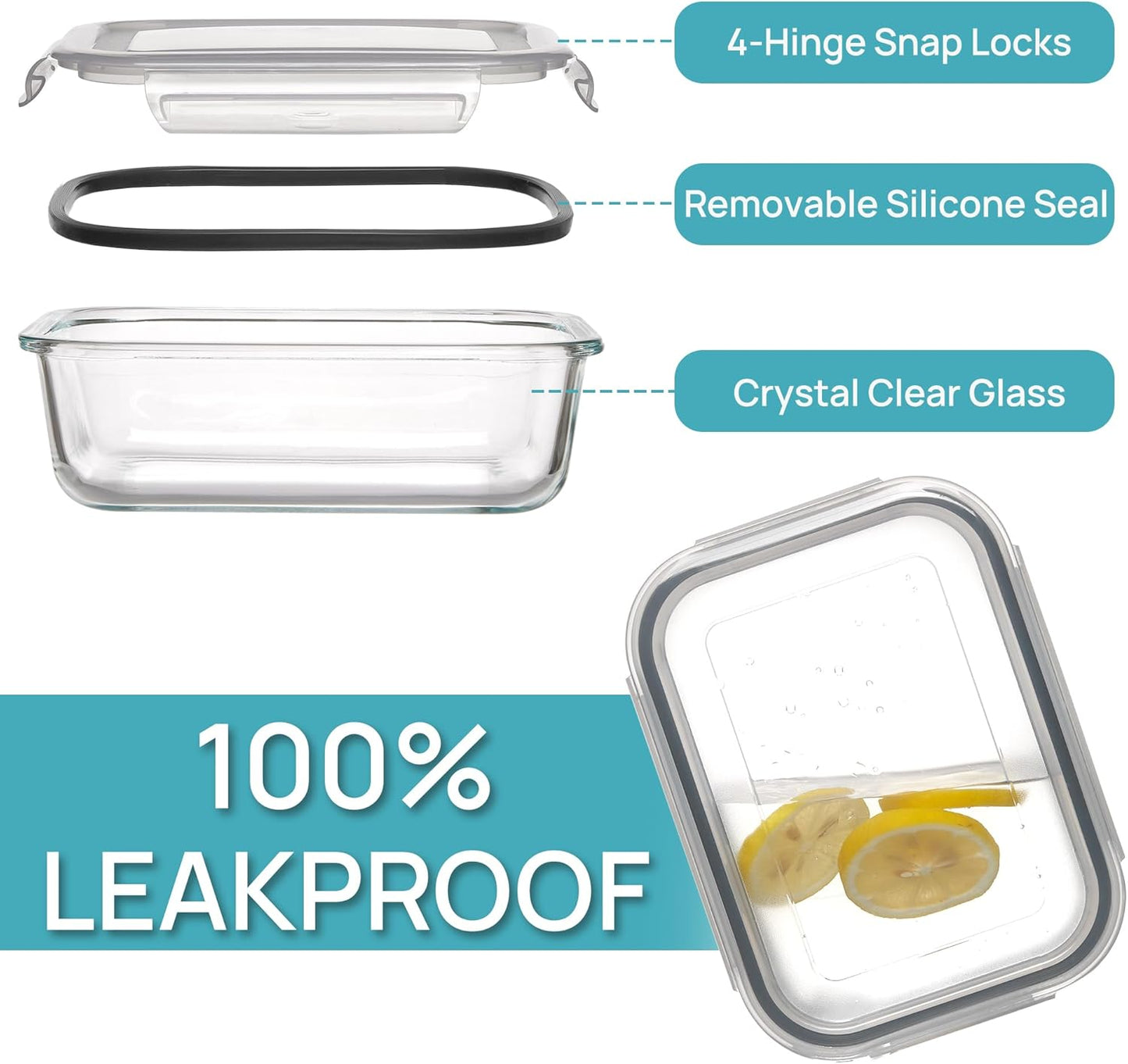 Vtopmart 5Pack 22oz Glass Storage Containers with Lids, Glass Meal Prep Food Container Sets with Snap Airtight Lids for Microwave, Oven, Freezer and Dishwasher