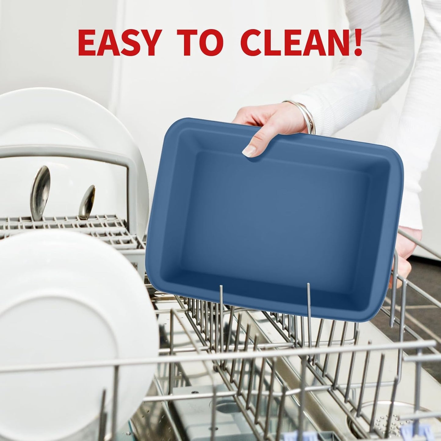 Sunsetbaby Silicone Bakeware Cake Pan, Rectangular Baking Dish with Handles, Compatible with Fancy Panz, for Lasagna, Cake, Brownie or Family Dinner, 12.6 x 9.8 x 2.1 Inch (2 Pack, Blue)