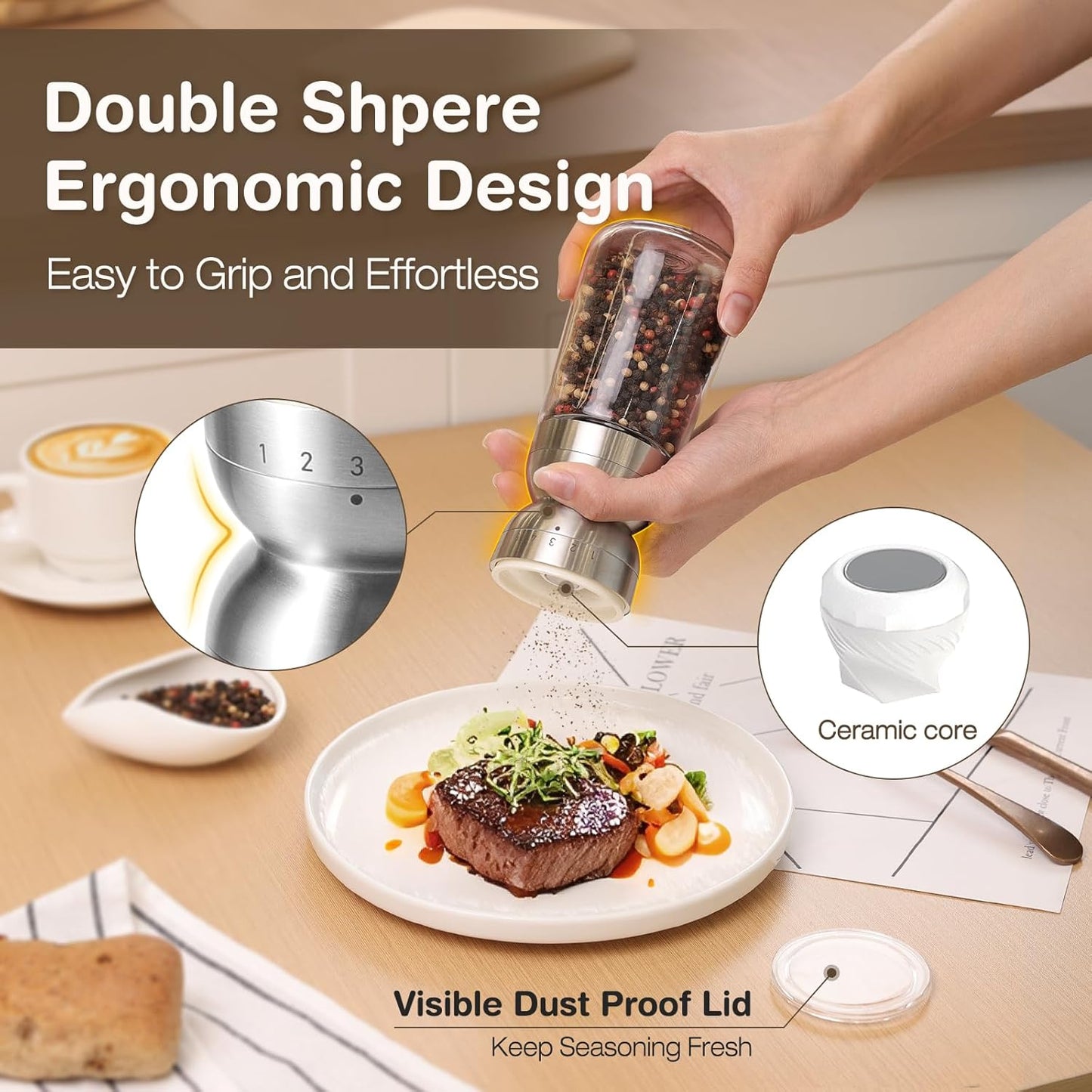 Vucchini Pepper Grinder Salt Grinder Manual - External Adjustable Coarseness with 6 Settings Stainless Steel Spice Grinder Mill Ceramic Burr Large Capacity 9 oz Ideal for Kitchen