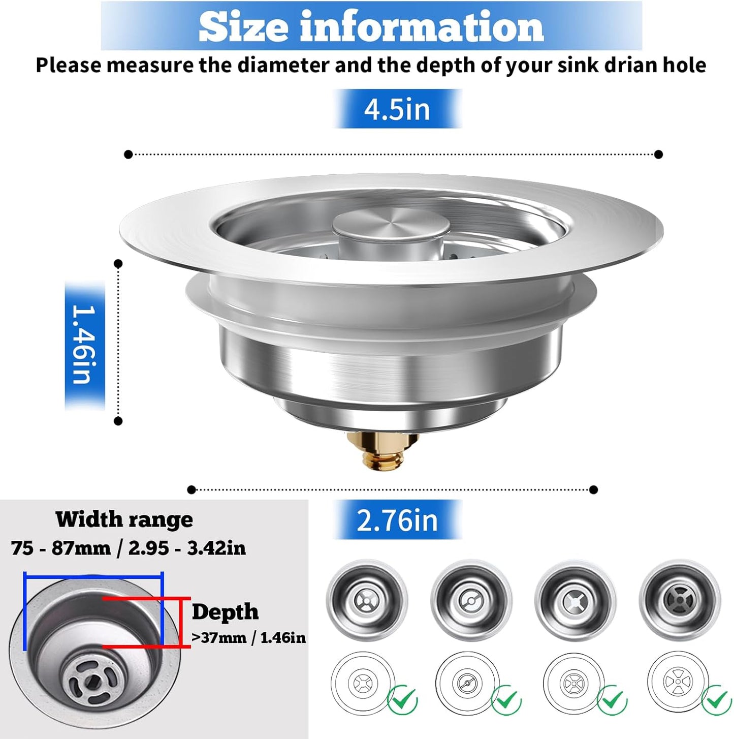 Upgraded 3 in 1 Kitchen Sink Drain Strainer Stopper, Brushed Stainless Steel SUS 304 Pop Up Sink Drain Stopper for Standard 3-1/2 Inch Drain Anti-Clogging Odor Prevention