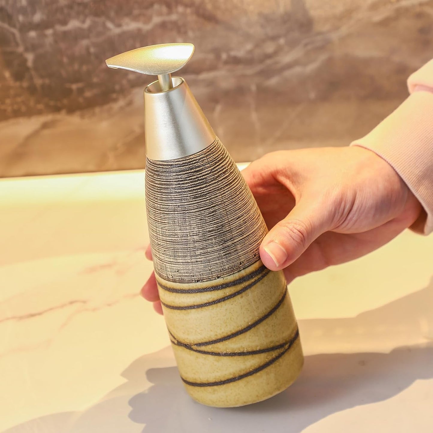 Ceramic Soap Dispenser with Plastic Pump – 12oz Refillable Liquid Dispenser for Bathroom, Kitchen, Office, Hotel, Airbnb, or Vacation Rental (Type A)