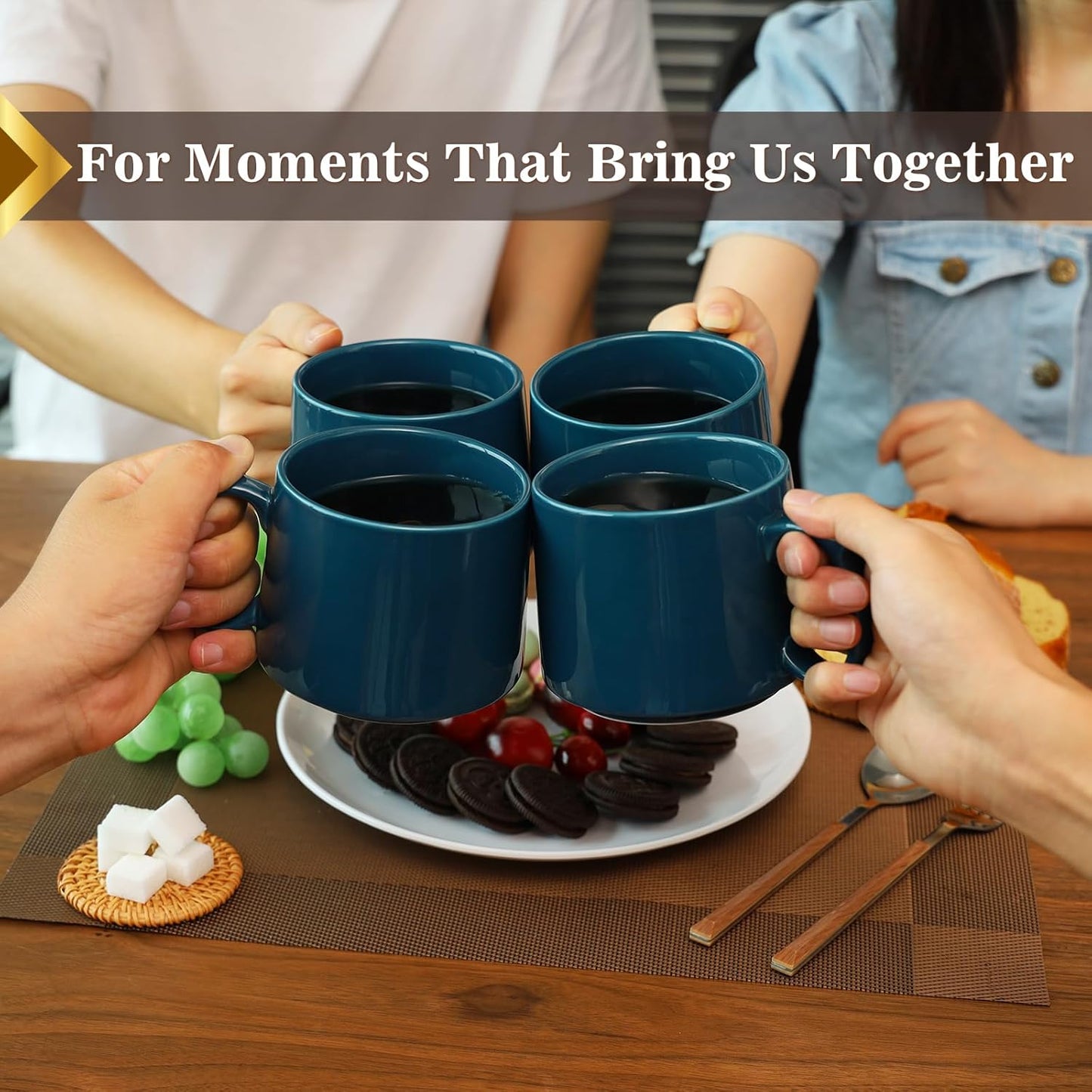 19 oz Large Coffee Mugs Set of 4, Stackable Ceramic Coffee Mugs with Large Handles for Coffee, Latte, Cappuccino, Milk, Dishwasher & Microwave Safe, Ideal for Men, Women, Dads and Moms (Blue)