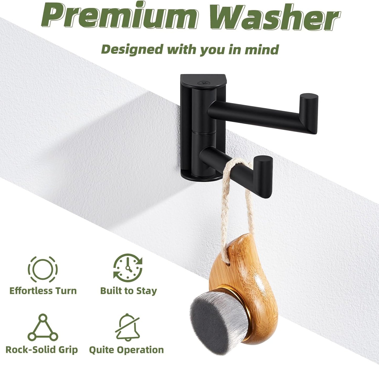 APLusee Swivel Towel Hook 2 Arms Matte Black, 304 Stainless Steel Bathroom Double Towel Holder, Folding Robe Hook Wall Mounted