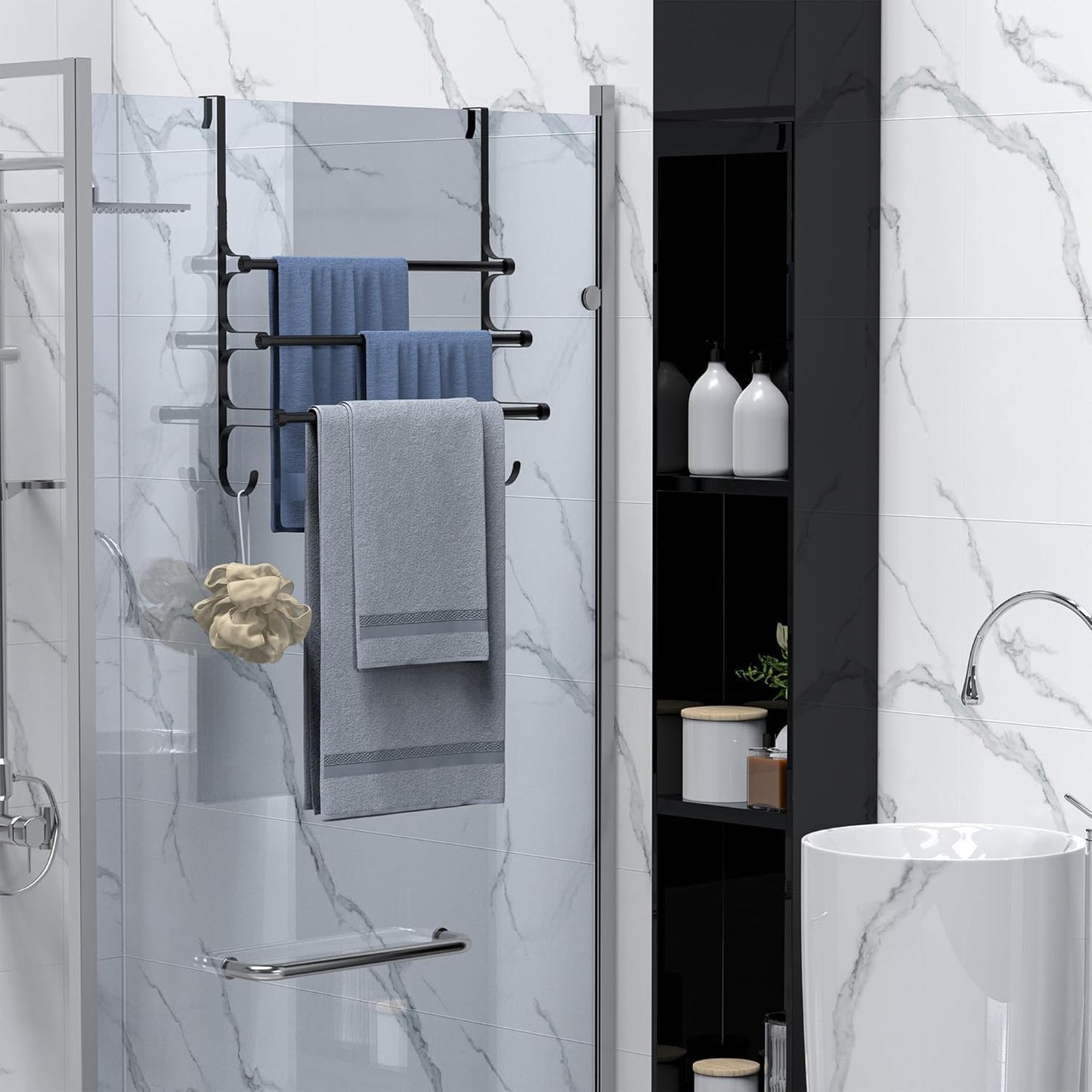 Over The Door Towel Rack, Triple Towel Storage Holder with Hooks, 24.02 Inches Towel Bar Hanger Towel Racks for Bathroom (Black)